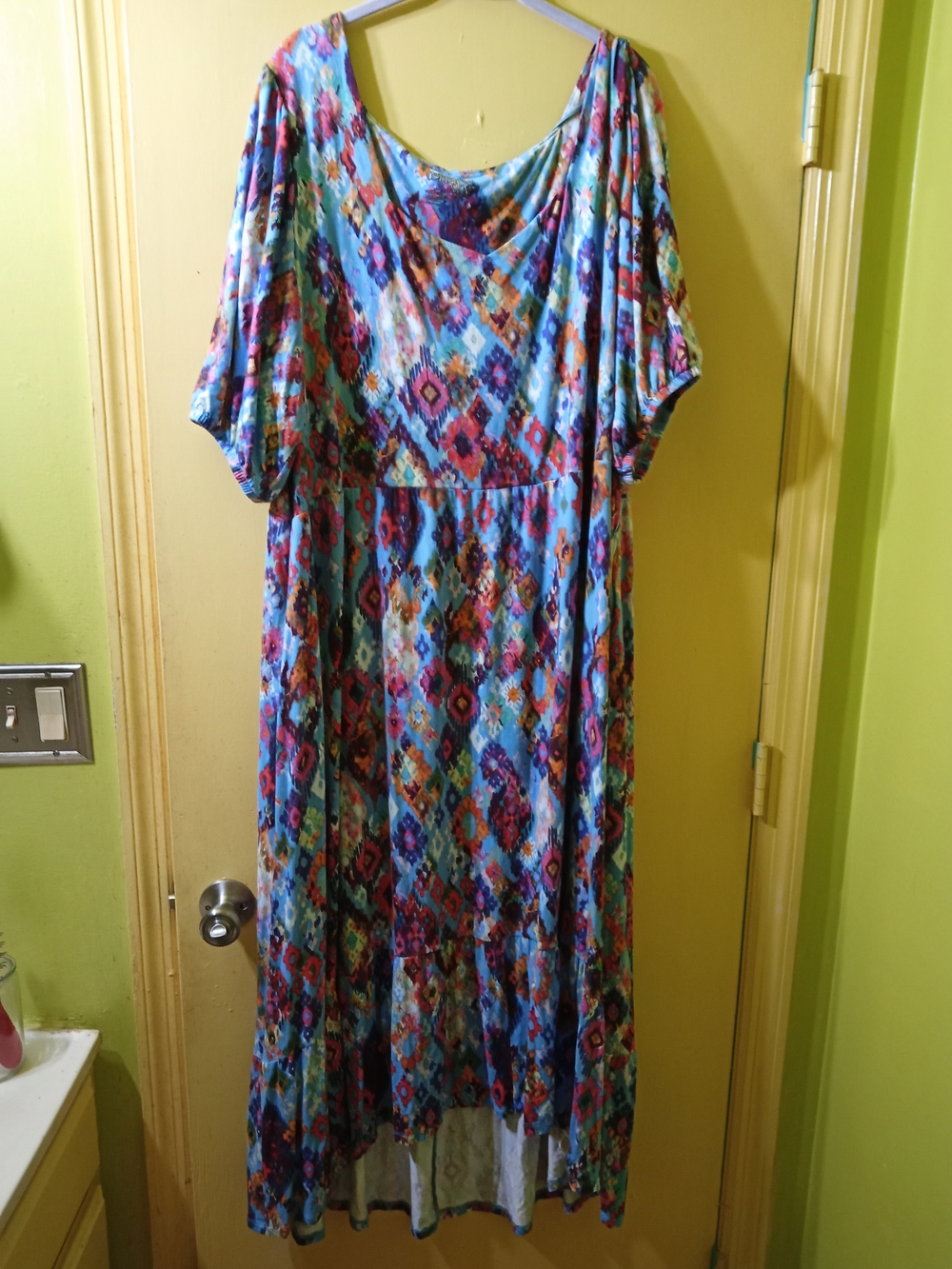 Terra & Sky Multi-Color Patterned Maxi Dress With Blue Accents Hi Low